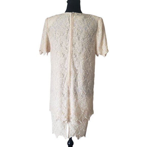 Vintage 80s Beaded Tiered White Cream Shift Dress Size M Wedding Elegant - Picture 3 of 13